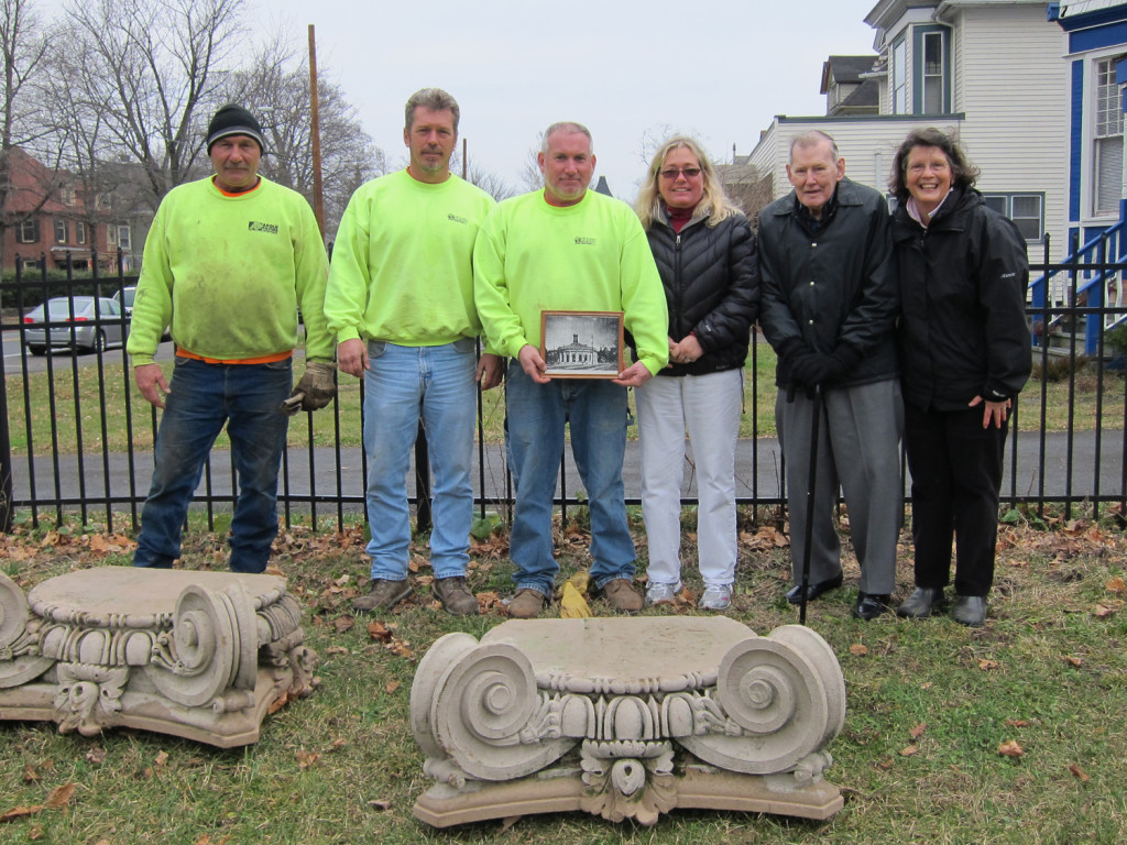 Moving Day,  2011 L to R:  Arold Construction employees Tim Maloney, Barry Kaiser, and Tom VanBuren with Suzanne Cahill Planner, City of Kingston, Ed Ford City Historian, and Jane Kellar  FHK at Sharp Burying Ground. December,  2011.